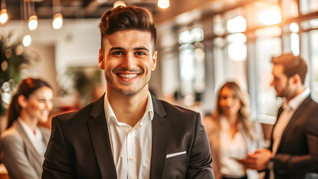 Professional Portrait of Confident Young Man in Suit with Office Background. Perfect for: Corporate branding, leadership articles
