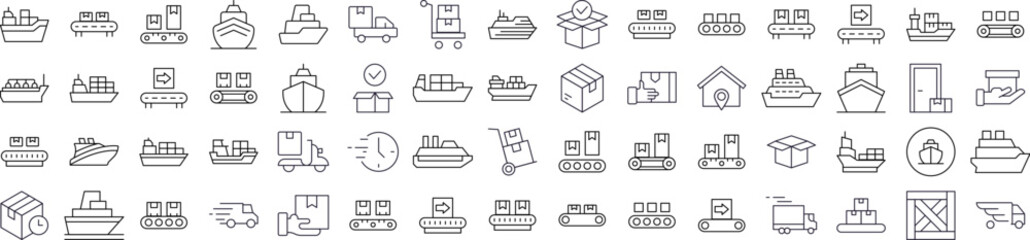 Delivery and Transportation Thin Line Icon Set. Outline Signs for Graphic and Web Design, Apps, Adverts, Various Cards