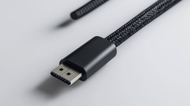 Black braided HDMI cable on white background