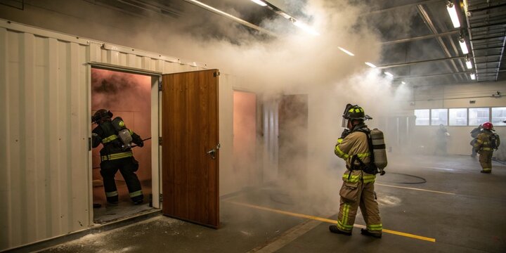 Firefighters engaging in smoke-filled training exercise inside industrial facility
