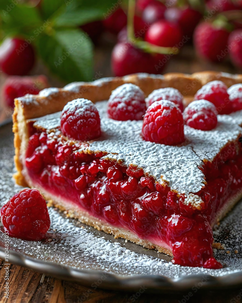 Poster a piece of raspberry pie. the pie has a golden crust and is filled with a thick raspberry filling th