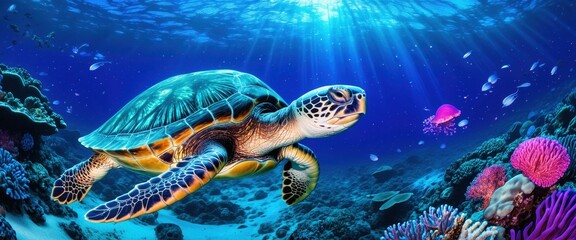 Obraz premium Majestic sea turtle gliding through vibrant coral reef and marine life under sunlit ocean waters
