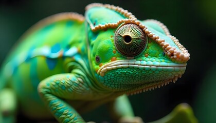 Fototapeta premium A close up view of a green chameleon, highlighting its textured skin and intricate details