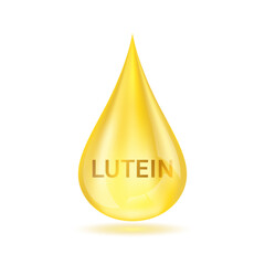 Drop golden lutein on white background. For design dietary supplement products. Natural extracts of marigold flowers. Help eyesight vision and healthy eye. Medical scientific. 3D Vector illustration.