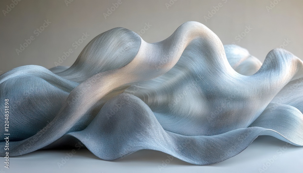 Poster modern abstract sculpture display with flowing silk fabric and soft shadows on beige background