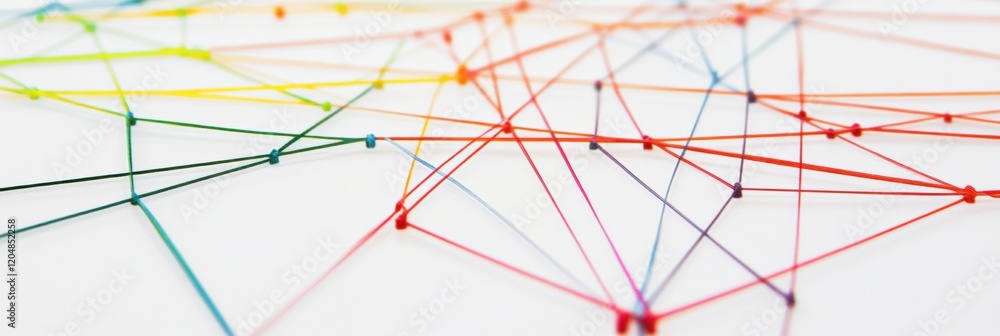 Poster colorful strings interconnected on a white background forming an abstract network pattern during cre