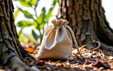 Obraz premium A rustic, hand-woven drawstring bag resting at the base of a tree, surrounded by fallen leaves and a bamboo stick, evoking a sense of natural simplicity and handcrafted beauty.