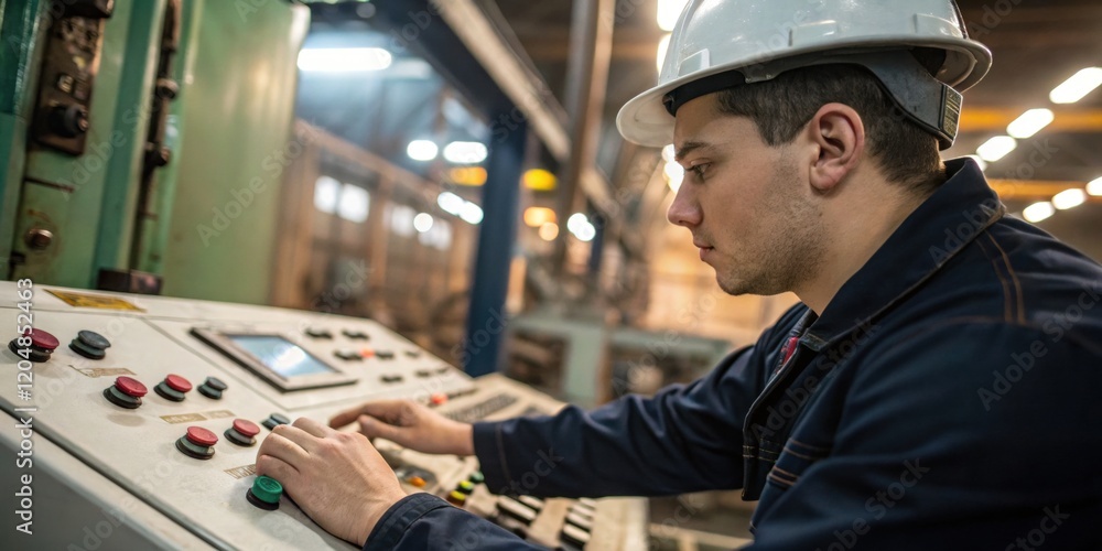 Poster industrial worker operating control panel in factory with safety gear and focused expression