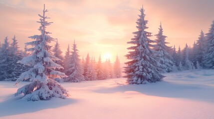Snow Covered Forest at Sunset