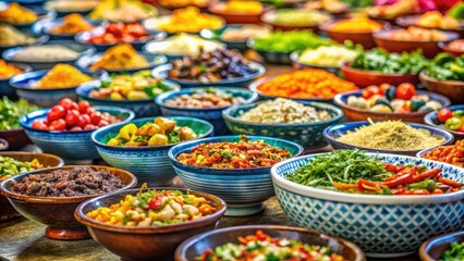 Fototapeta premium Vibrant Vietnamese street food bowls: a delicious, colorful explosion of Asian cuisine.