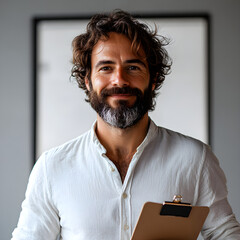 Smiling Businessman with Clipboard in Modern Workspace - AI Generate