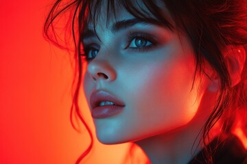 Obraz premium Elegant Christmas Portrait of Beautiful Young Woman with Red Lipstick and Festive Makeup on Red Background