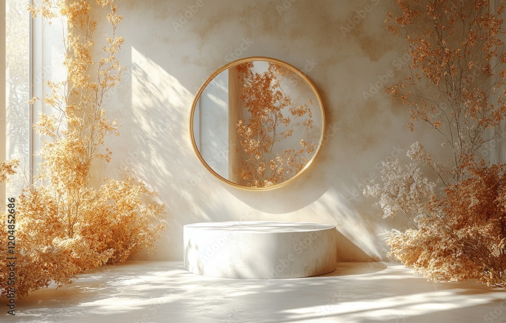 Poster minimalistic 3d display podium with gold framed mirror and soft lighting