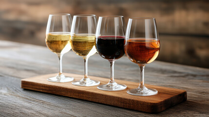 wine tasting flight featuring various varietals on wooden board