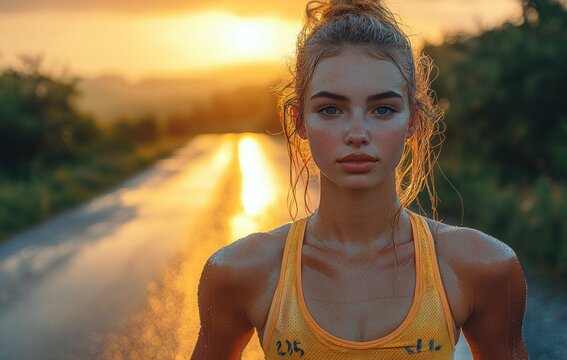 New Year 2025 New Ambitions Challenges Plans Goals Sports Woman Stretching on Road at Sunset