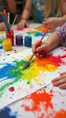 Naklejka premium Colorful Abstract Art Creation With Children's Hands and Bright Paints