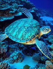 Obraz premium Graceful sea turtle gliding through vibrant coral reef underwater