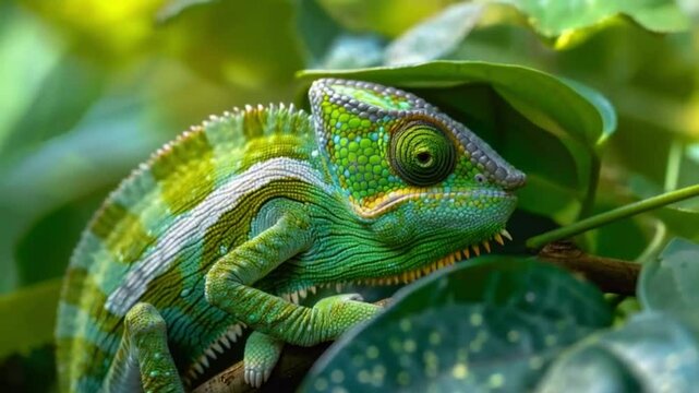 green chameleon on a branch
