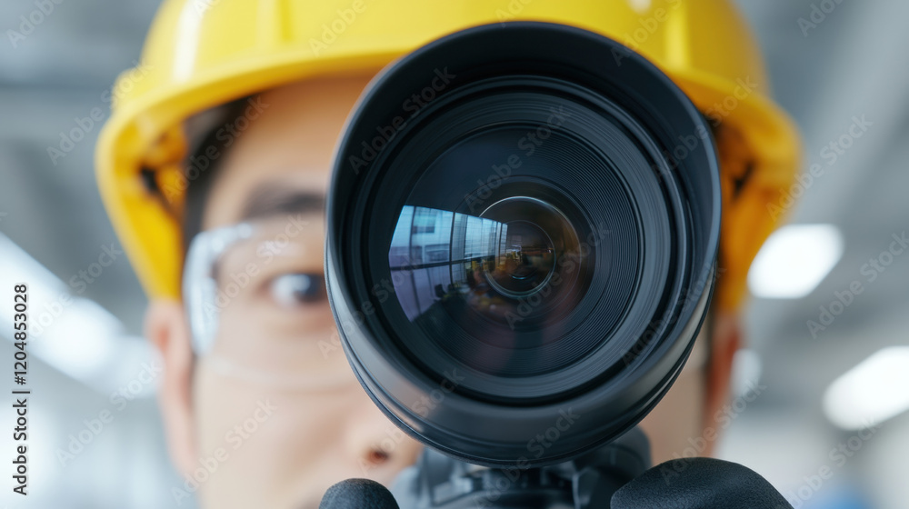 Poster documentary and journalism, a close-up image of a worker captured through a camera lens, showcasing 