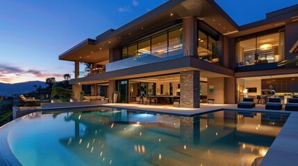 Luxury modern house with pool view, AI generated image