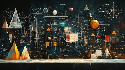 A blackboard filled with complex equations and symbols icons background