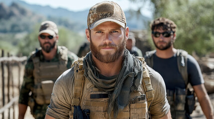 Fototapeta premium Tactical team in military gear navigating through rugged landscape