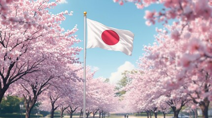 Japanese flag amidst vibrant cherry blossoms under a clear blue sky