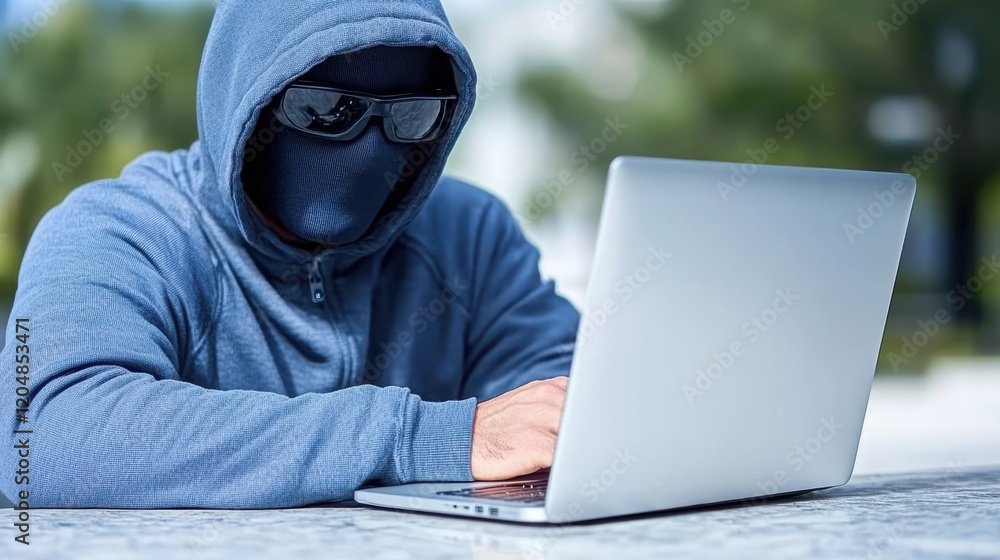 Poster hooded figure using laptop in secure environment, focused on hacking