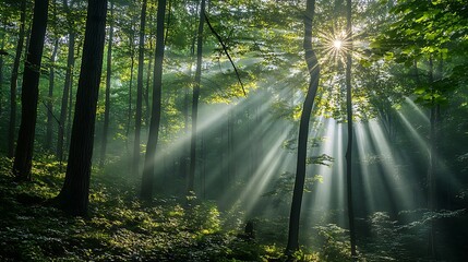Obraz premium Sunbeams Filtering Through a Dense Forest