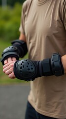Close-Up of Person Adjusting Protective Elbow Pads Outdoors in Casual Wear