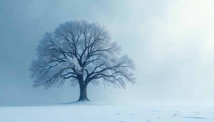 Fototapeta premium The dense fog slowly lifts to reveal a massive snow-covered tree looming in the distance, trees, isolated