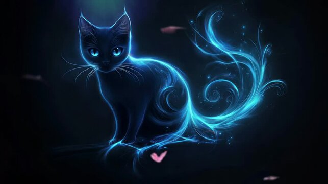 black cat and butterfly very beautiful in the dark night. seamless looping time-lapse virtual 4k video Animation Background.	