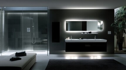 Fototapeta premium A bathroom with a black mirror and a black sink