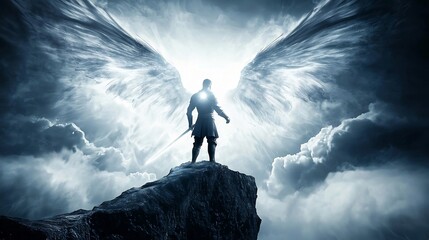 A winged warrior standing on a rocky peak with a sword illuminated by celestial light