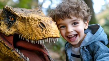 joyful boy poses with dinosaur model, showcasing excitement and wonder in natural setting. vibrant...