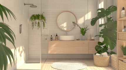 A bathroom with a large mirror and a sink