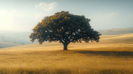 Solitary Oak in Golden Field: A Serene Landscape