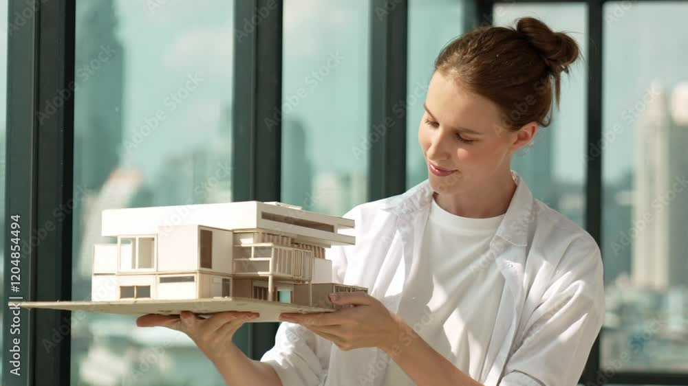 Aufkleber smart happy beautiful manager check house model by turning left side and right side. professional ma
