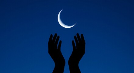A simple silhouette of hands raised in prayer with a glowing crescent moon above, symbolizing faith, spirituality, and divine connection
