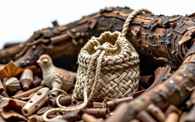Obraz premium A rustic, hand-woven drawstring bag resting at the base of a tree, surrounded by fallen leaves and a bamboo stick, evoking a sense of natural simplicity and handcrafted beauty.