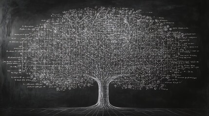 A blackboard filled with complex equations and mathematics tree