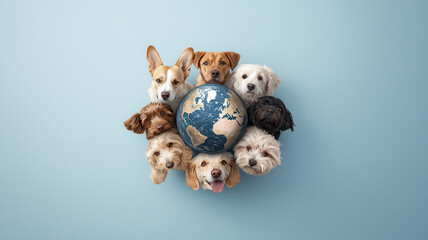 Happy dogs surrounding globe, symbolizing global unity and joy, World spay day concept