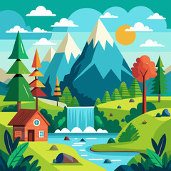 Natur"A vibrant hand-drawn vector illustration of a mountain landscape with a flowing river, green trees, and a bright orange sunset in the background, designed in a flat cartooe Scenery Illustrations