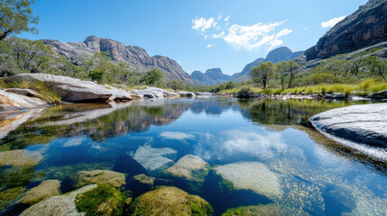 serene landscape featuring clear river reflecting mountains and blue sky