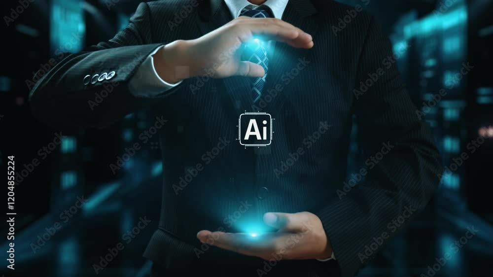 Poster human interact with ai artificial intelligence brain processor in concept of ai artificial intellige