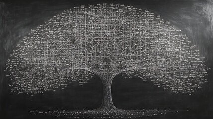 A blackboard filled with complex equations and mathematics tree