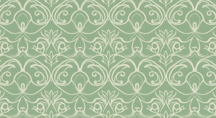 A minimalist arabesque floral pattern in elegant green and cream tones, designed as a seamless background, perfect for textiles, wallpapers, and decorative elements