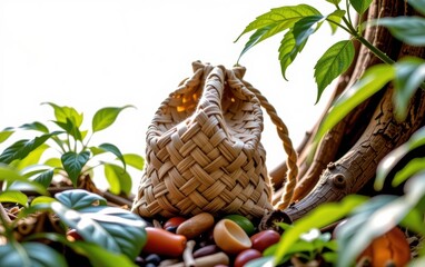 Fototapeta premium A rustic, hand-woven drawstring bag resting at the base of a tree, surrounded by fallen leaves and a bamboo stick, evoking a sense of natural simplicity and handcrafted beauty.