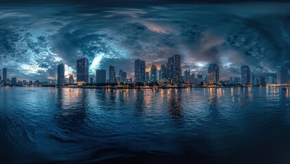 Fototapeta premium Night Cityscape Panorama: Serene River Reflection of Illuminated Buildings Under Dramatic Clouds