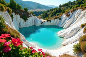 Obraz premium Lush greenery and colorful flowers surrounding a natural pool within the travertine terrain in Pamukkale, limestone, turquoise water,